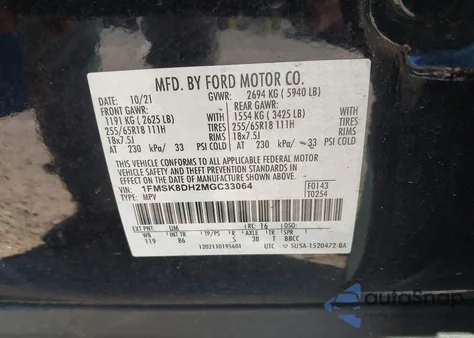 2021 Ford Explorer Xlt from USA, damaged, VIN 1FMSK8DH2MGC33064